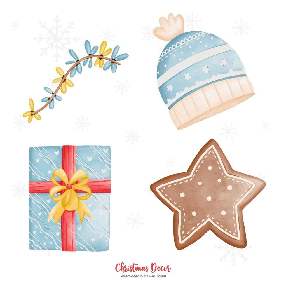 Watercolor Christmas ornament,Gift box, Winter hat, Star, Watercolor Vector Illustration