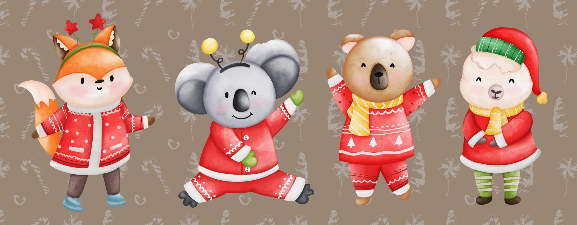 animales de santa claus. acuarela ilustración animal de navidad. zorro, oso, koala, oveja vector