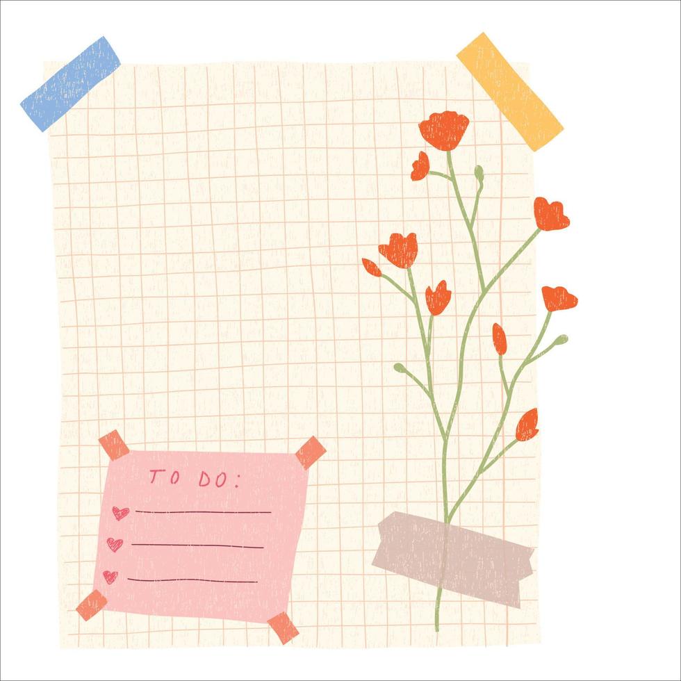 Sheet of notebook with flower and washi tape. To do list, business organizer page, paper sheet. Journal and planner design vector illustration.