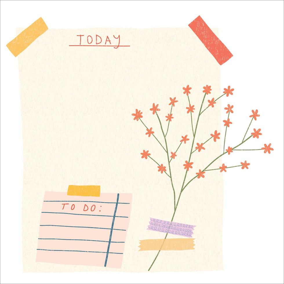 Sheet of notebook with flower and washi tape. To do list, business organizer page, paper sheet. Journal and planner design vector illustration.