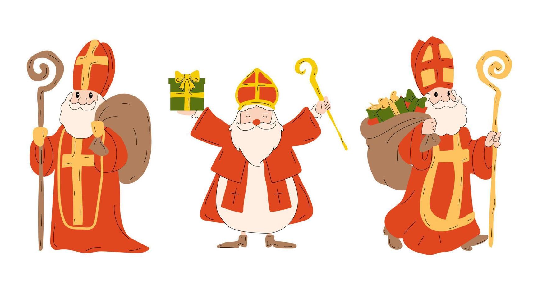 Saint Nicholas christmas characters vector set. Saint Nicholas christmas characters with standing pose and happy expression holding gifts . xmas design collection. Vector illustration