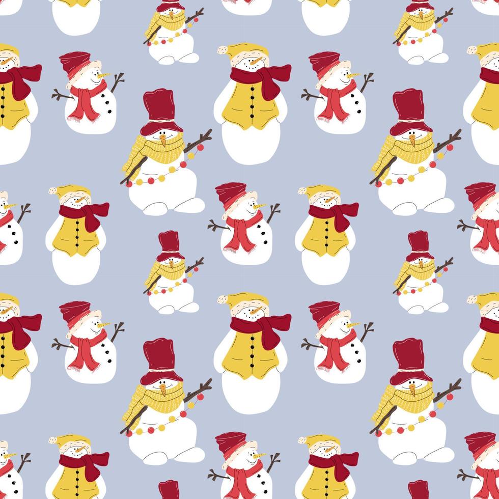 Seamless pattern with Set of Cute Christmas snowmen in hats and scarves. Funny characters.  Flat vector illustration.