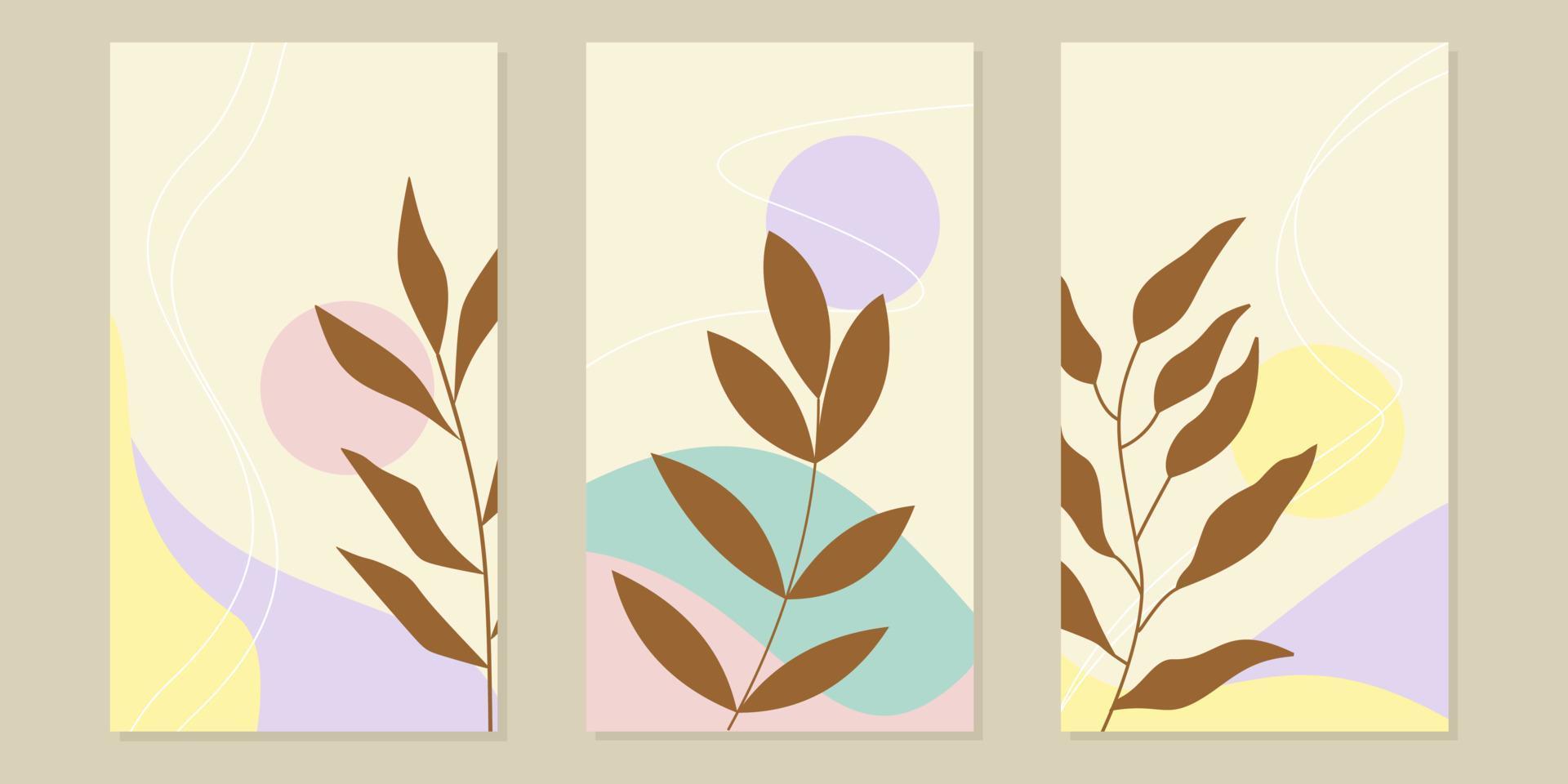 conjunto de vectores de decoración de pared botánica. garabatos con formas abstractas. diseño de arte de planta abstracta para impresión, portada, historia, papel tapiz, arte de pared mínimo y natural. ilustración vectorial