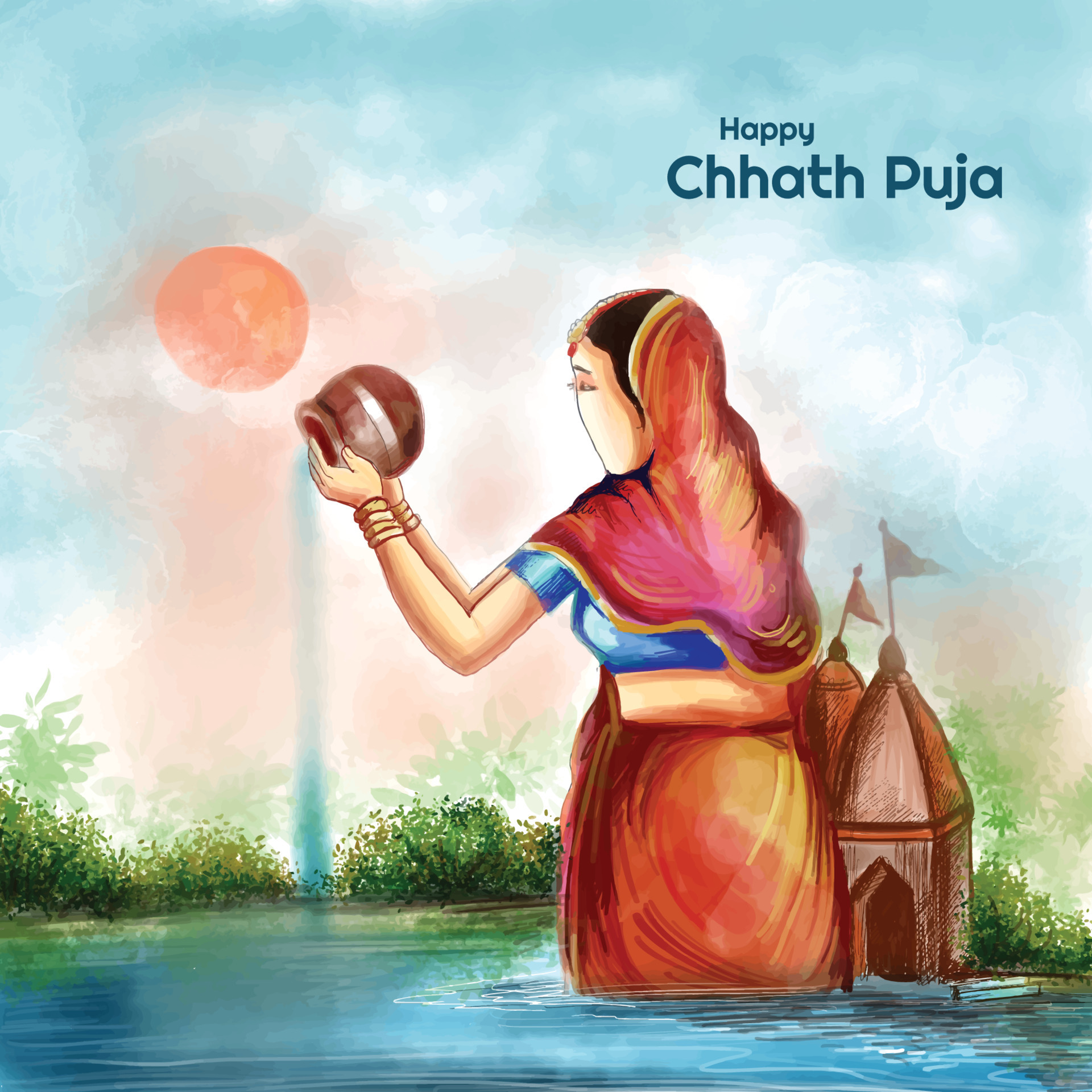 Easy Chhath Puja Drawing | Chhath Puja Drawing with oil pastel | how to draw  chhat puja step by step - YouTube