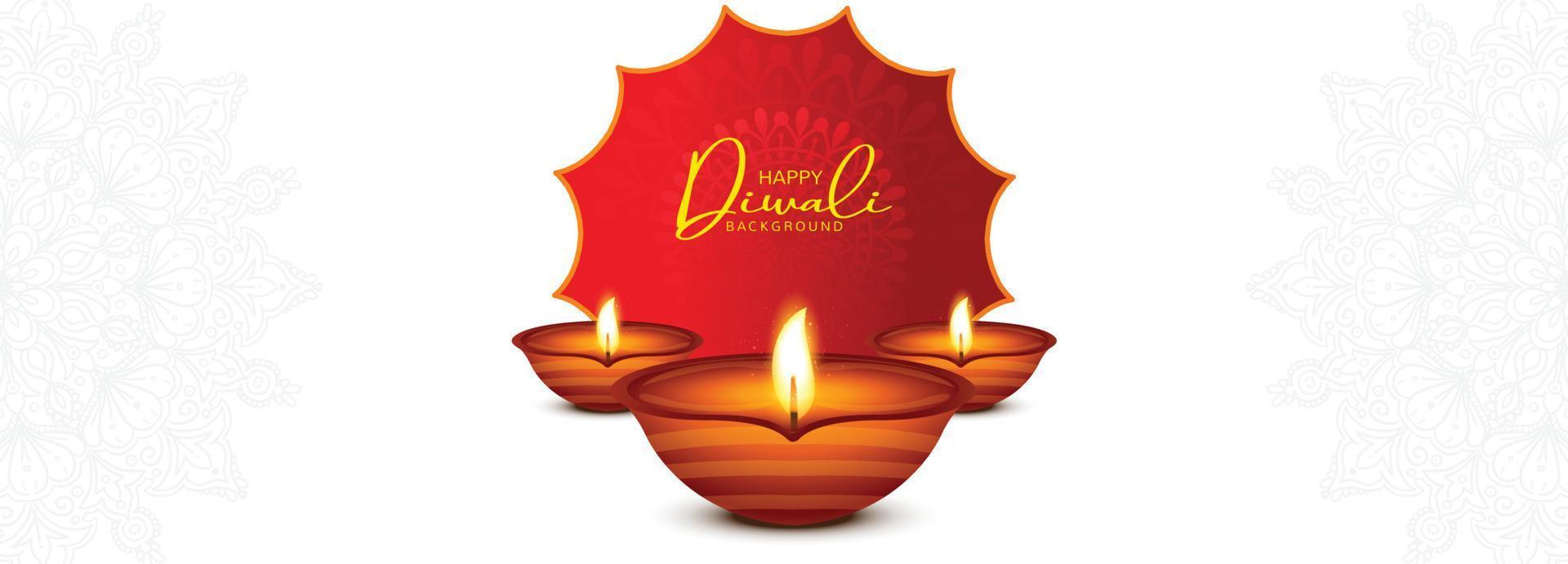 feliz tarjeta de felicitación de diwali con diseño de banner de diya en llamas vector