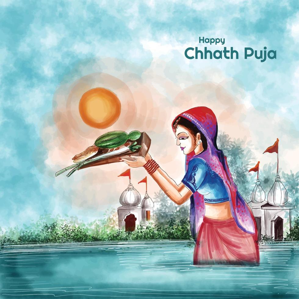 Indian women for happy chhath puja with background and sun vector