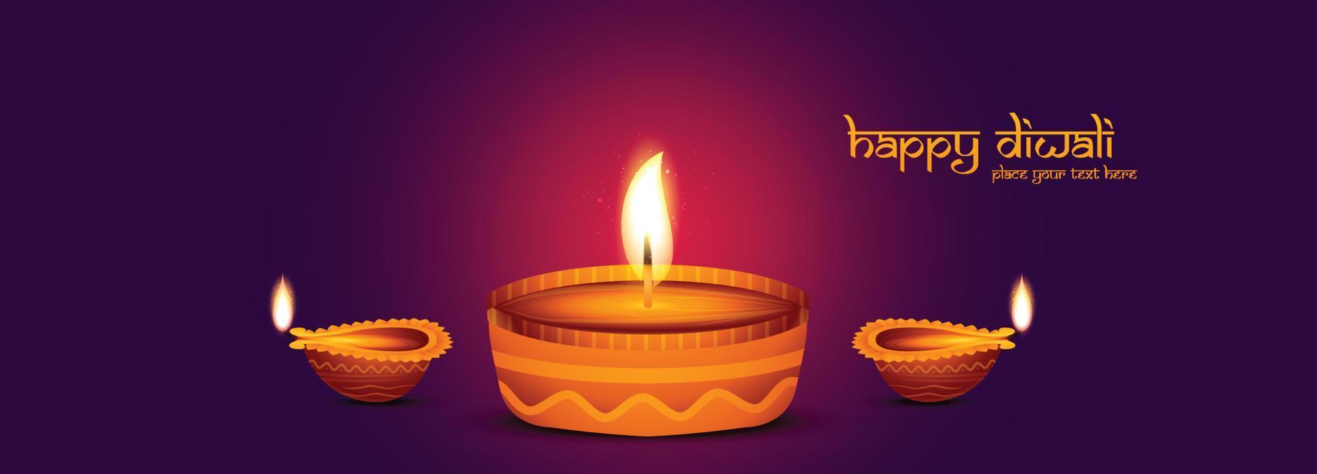 Beautiful happy diwali banner with realistic oil diya card background vector