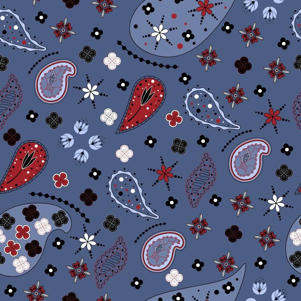 Seamless pattern based on Paisley bandana print in red-blue, black and white colors vector