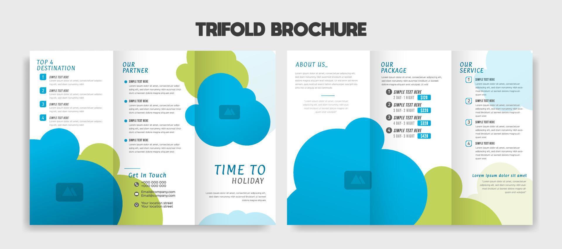 editable Modern trifold travel brochure template with blue and green vector