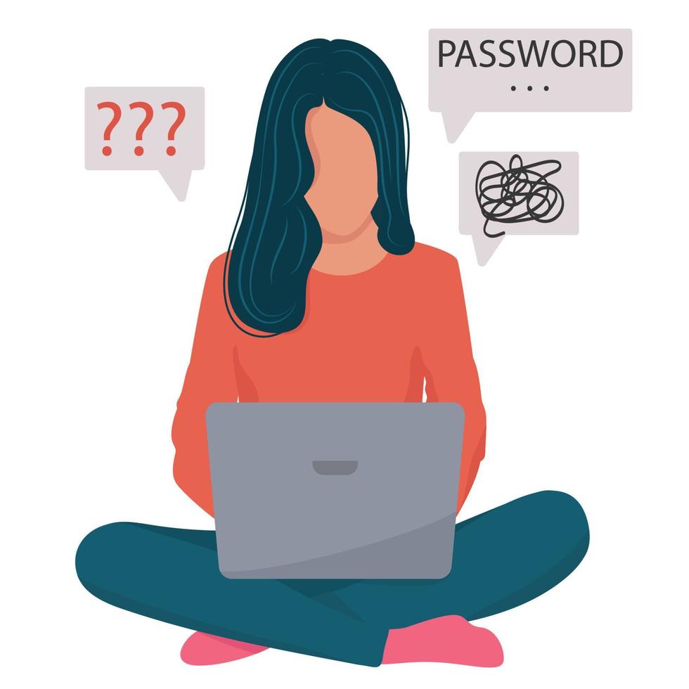 The girl is sitting with a laptop. Forgot my password. Bad memory, forgetfulness. Vector illustration