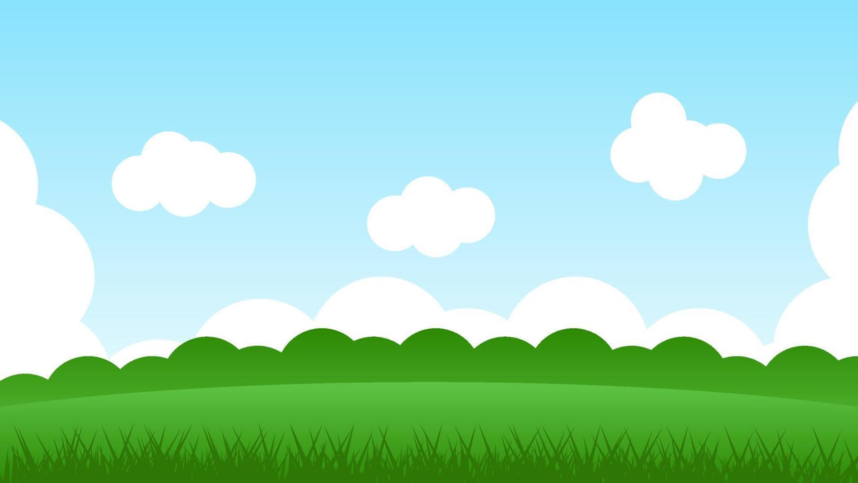 landscape cartoon scene with green hills and white cloud in summer blue sky background vector