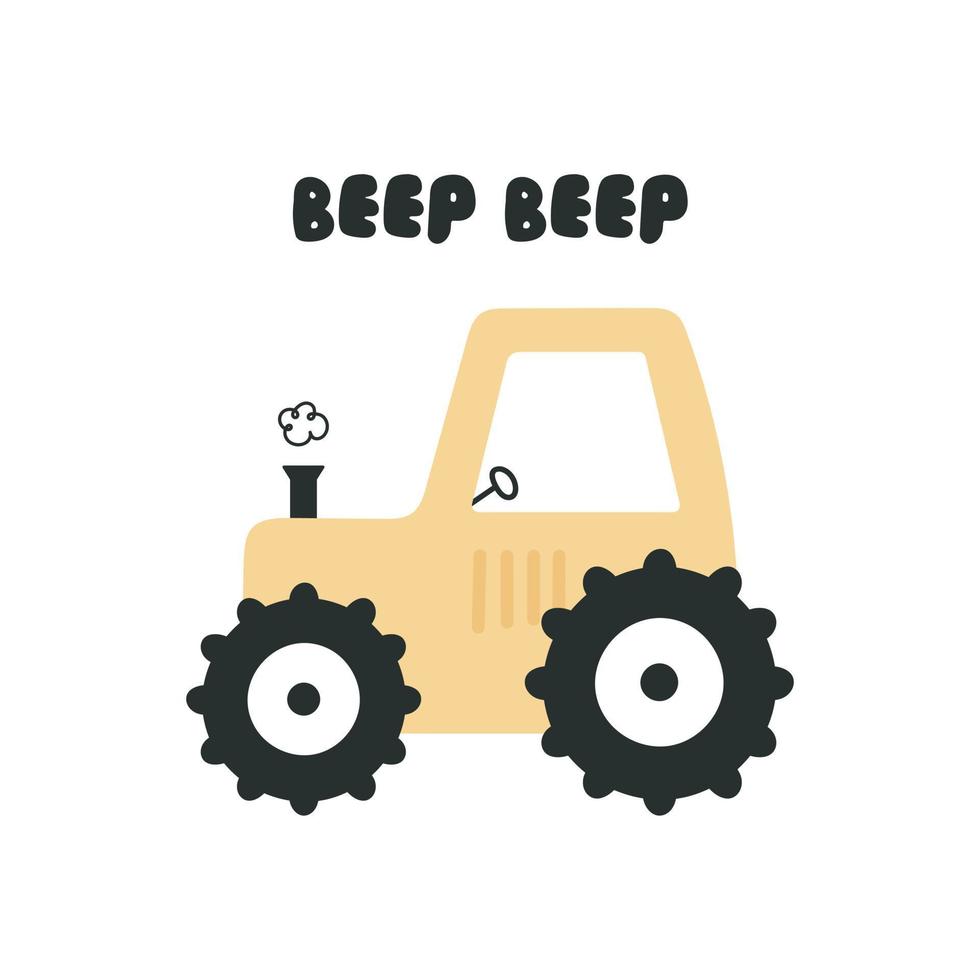 Print with cartoon tractor. Vector illustration on a white background. For posters, invitations, banners, printing on the pack, printing on clothes, fabric, wallpaper.