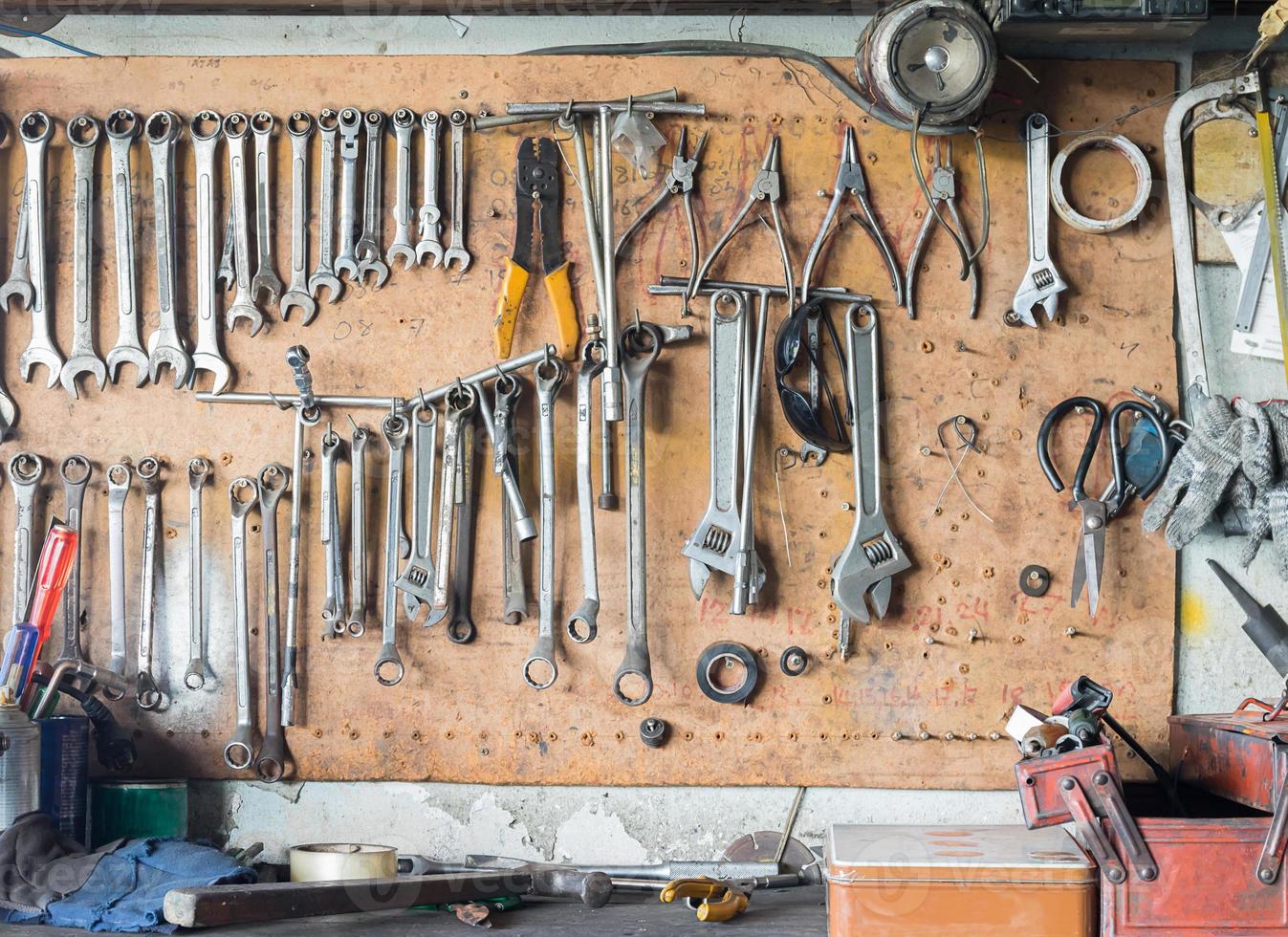 Tool shelf against a wall photo