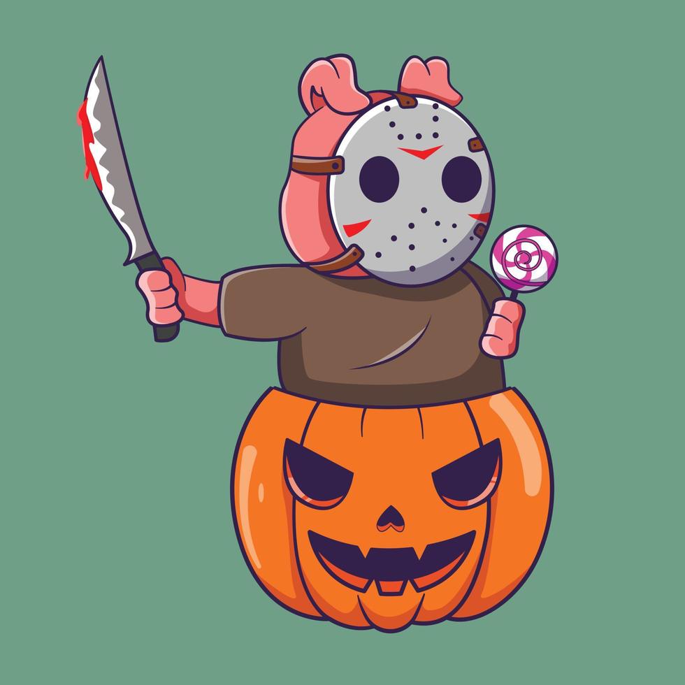 lindo cerdo con un disfraz de máscara de jason. ilustración de halloween vector