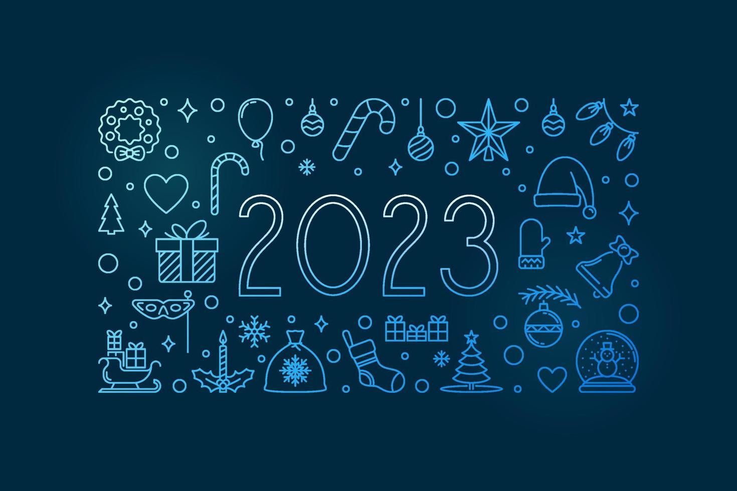 2023 Xmas and New Year line horizontal blue banner. Vector illustration