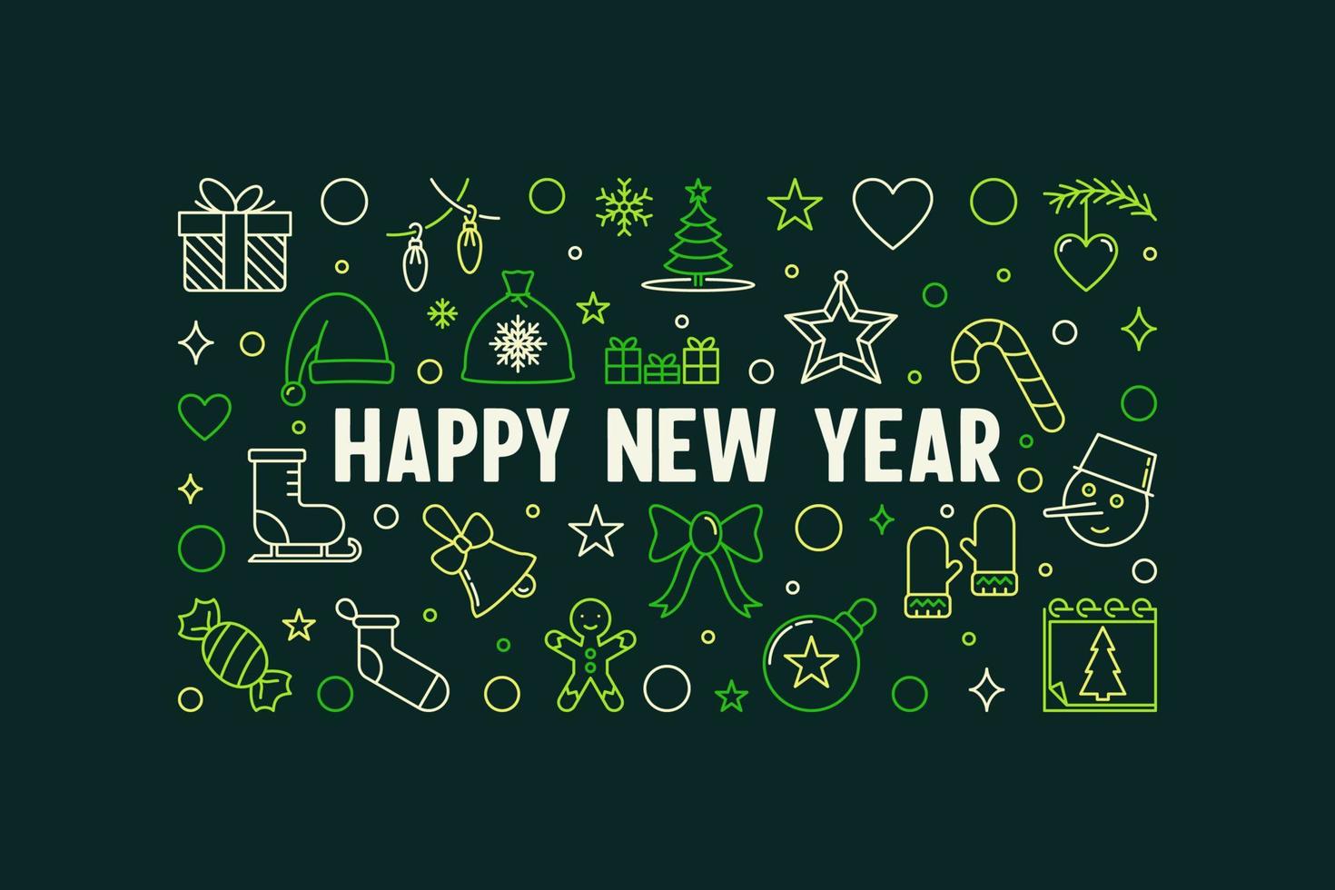 Happy New Year horizontal outline concept green banner vector