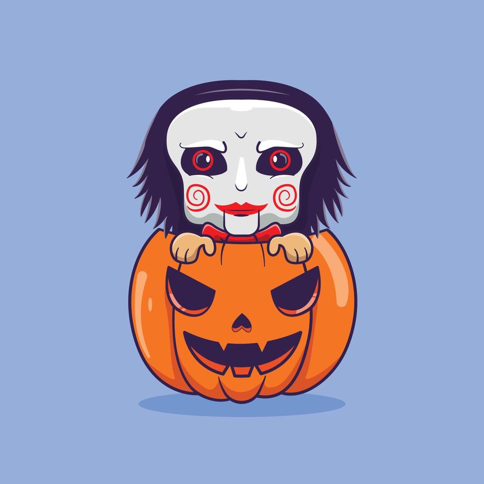 muñeca de sierra emerge de una calabaza. vector premium de halloween con imagen aislada