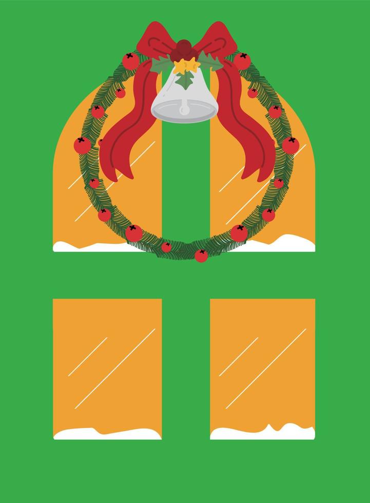 Christmas doors and windows. Garlands, flags, labels, bubbles, ribbons