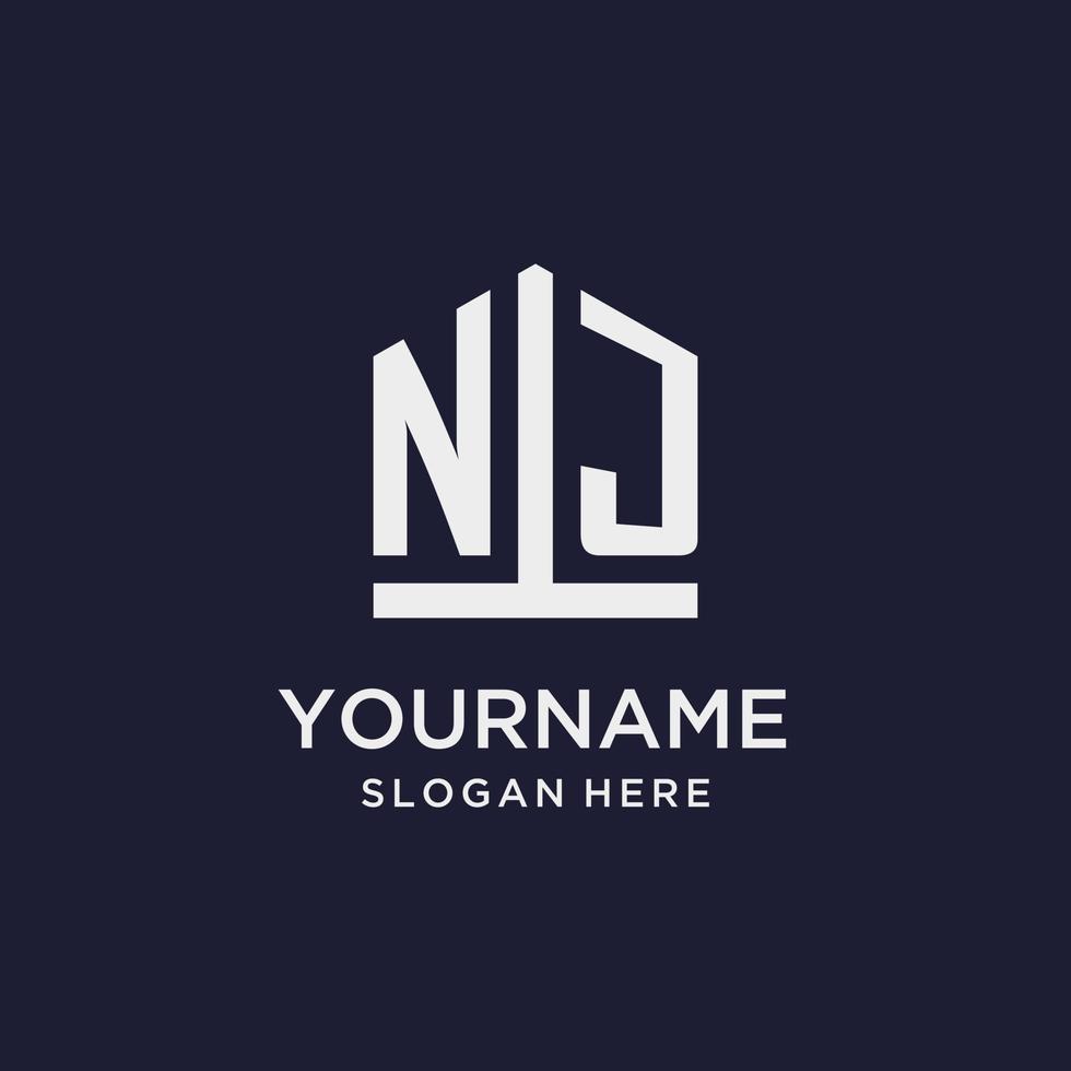 NJ initial monogram logo design with pentagon shape style vector