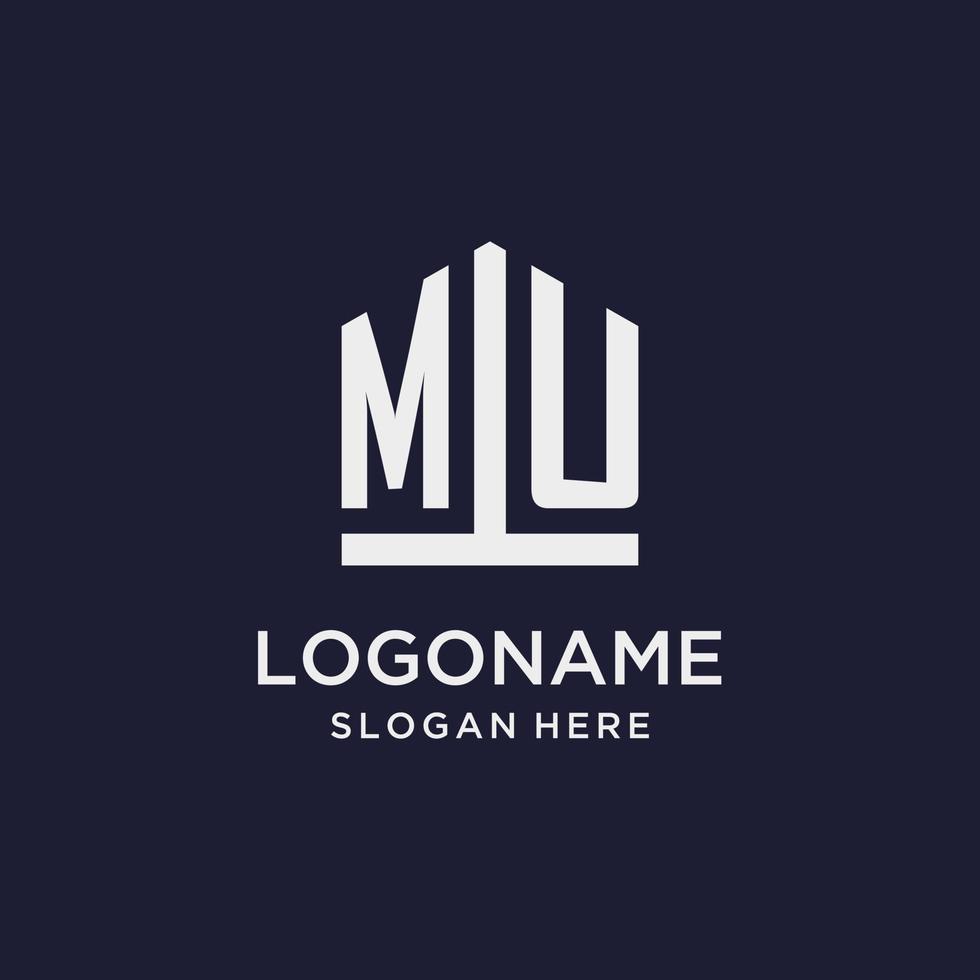 MU initial monogram logo design with pentagon shape style vector