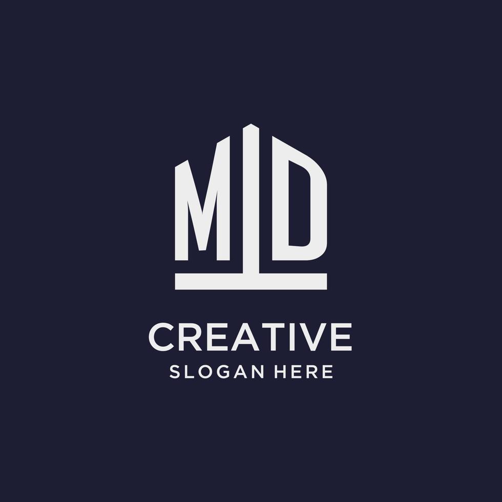 MD initial monogram logo design with pentagon shape style vector