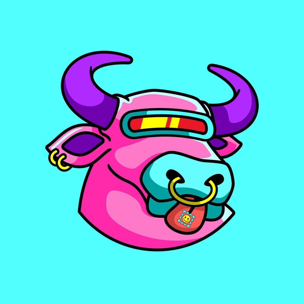 Cyberpunk cow mascot cartoon character, flat design style vector