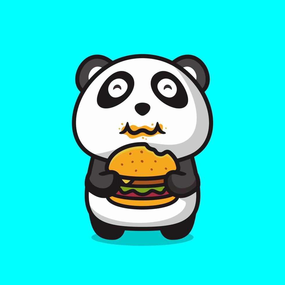 lindo panda gordo comiendo hamburguesa, estilo de diseño plano vector