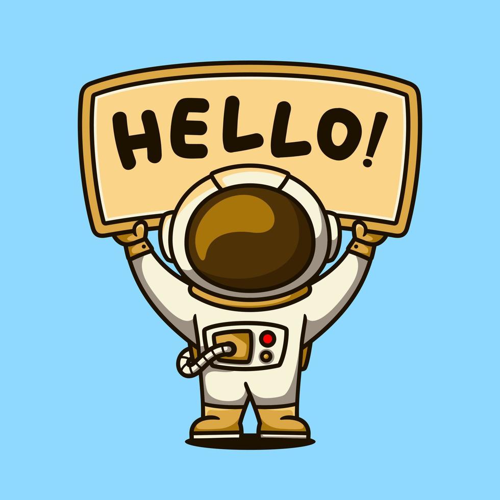 Astronaut with hello sign mascot cartoon character, flat design style vector