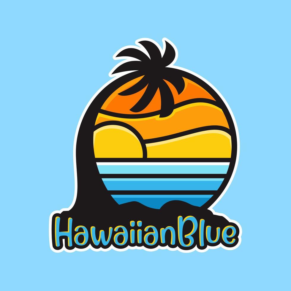 logotipo de dibujos animados al atardecer en la playa de hawaii, estilo de  diseño plano 12736456 Vector en Vecteezy