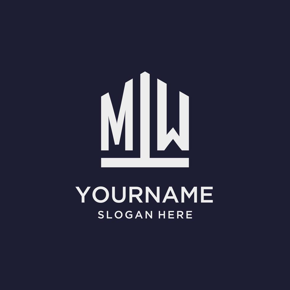 MW initial monogram logo design with pentagon shape style vector