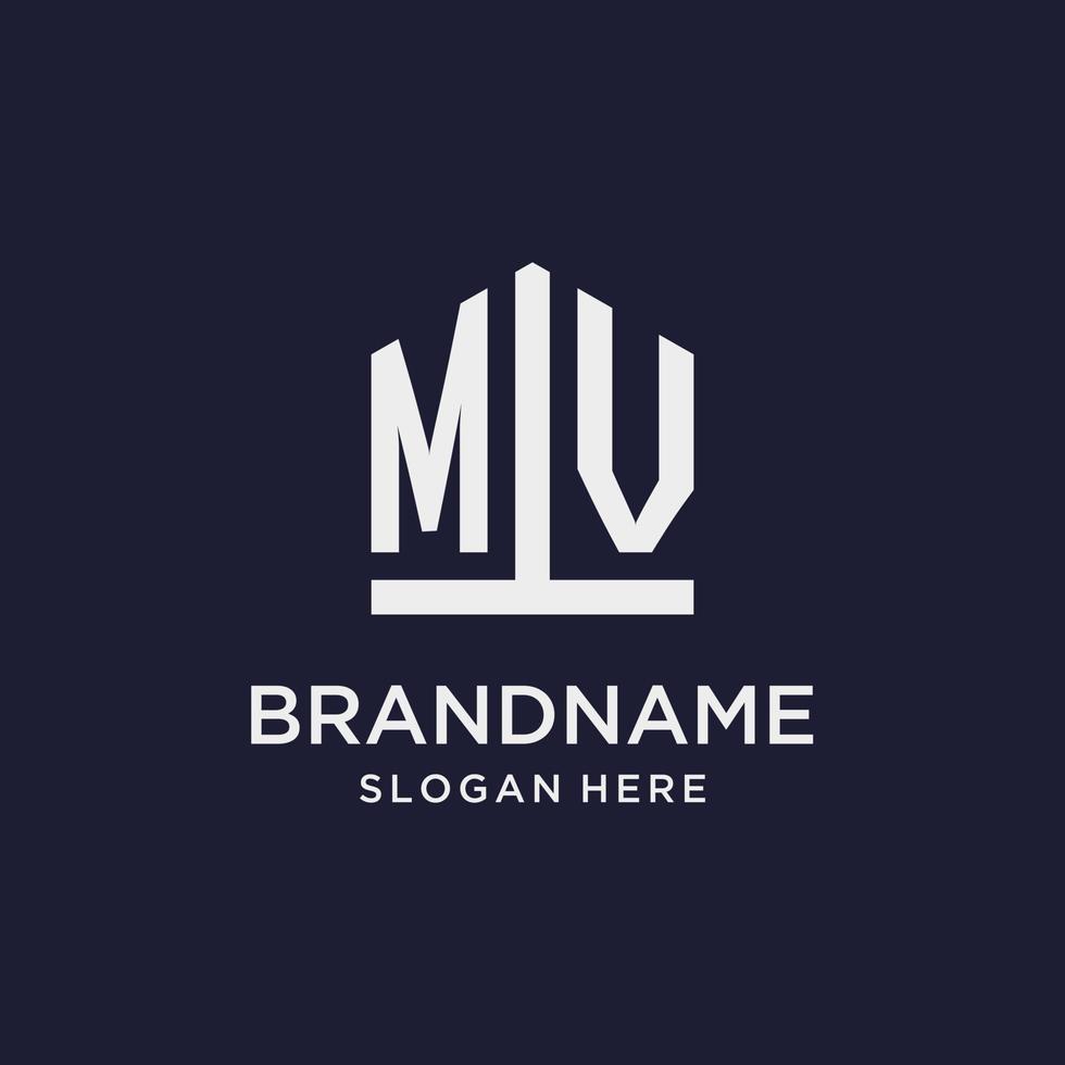 MV initial monogram logo design with pentagon shape style vector