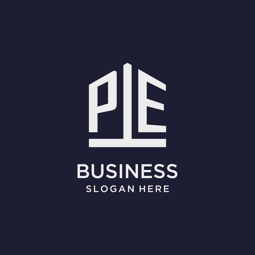 PE initial monogram logo design with pentagon shape style vector