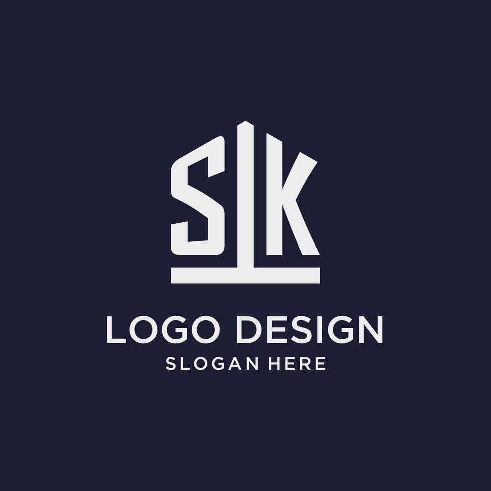 SK initial monogram logo design with pentagon shape style vector