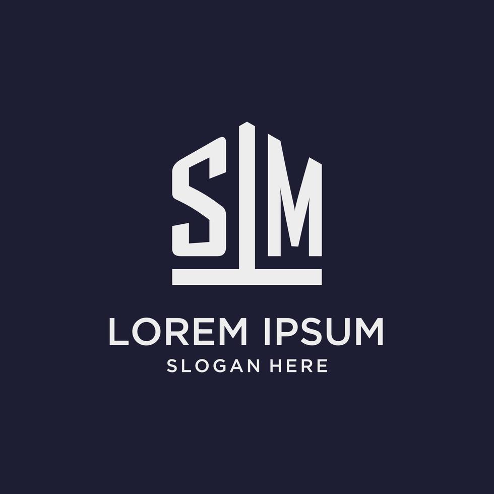 SM initial monogram logo design with pentagon shape style vector
