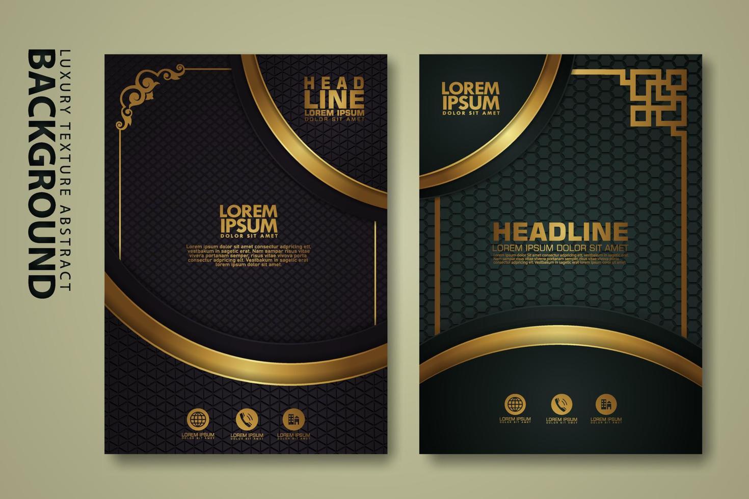 Vector set of cover design template with luxurious color, shine effect and elegance frame on textured background