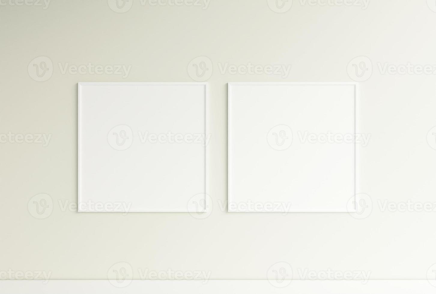 Clean and minimalist front view square white photo or poster frame mockup hanging on the wall. 3d rendering.
