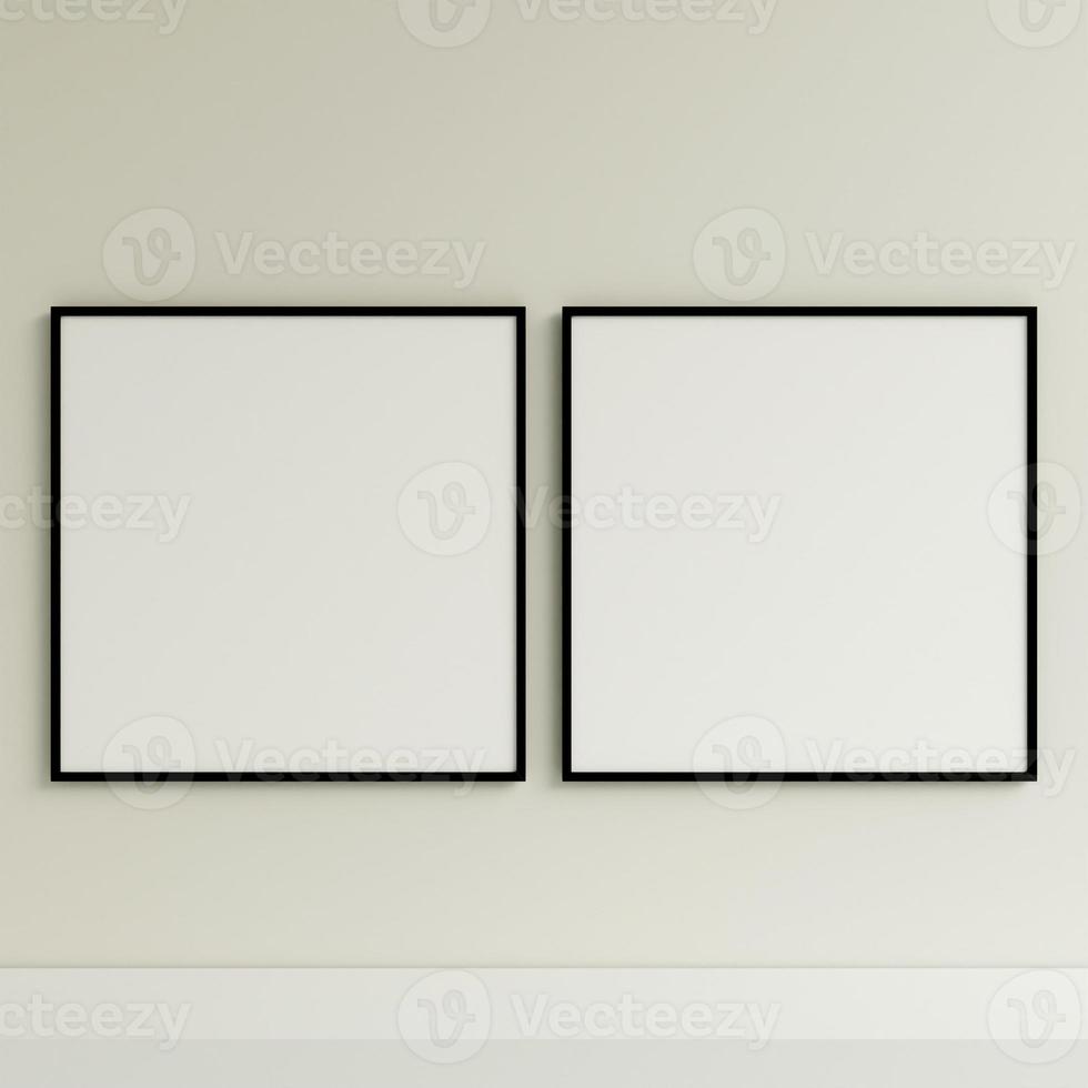 maqueta de marco de póster o foto negra de vista frontal limpia y minimalista colgada en la pared. representación 3d