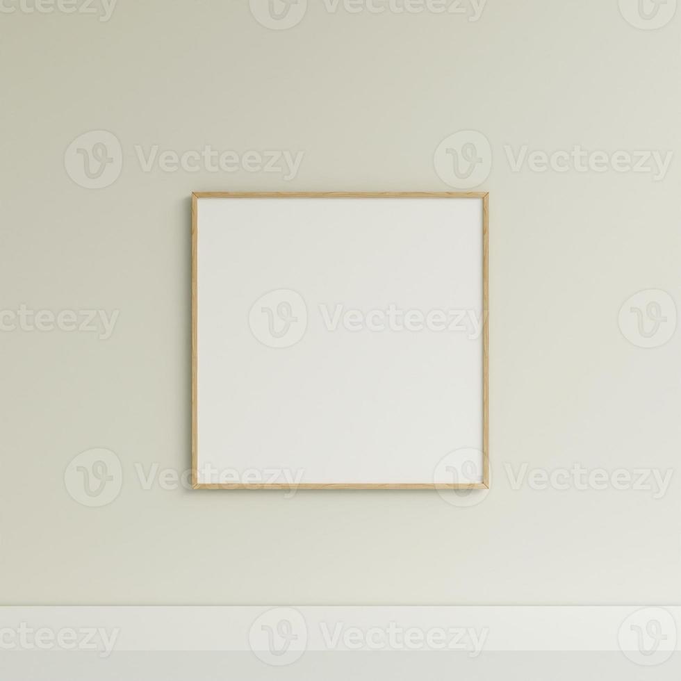 Clean and minimalist front view square wooden photo or poster frame mockup hanging on the wall. 3d rendering.