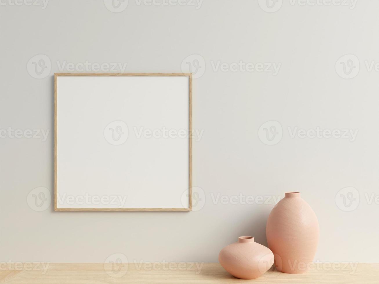 Clean and minimalist front view square wooden photo or poster frame mockup hanging on the wall with vase. 3d rendering.