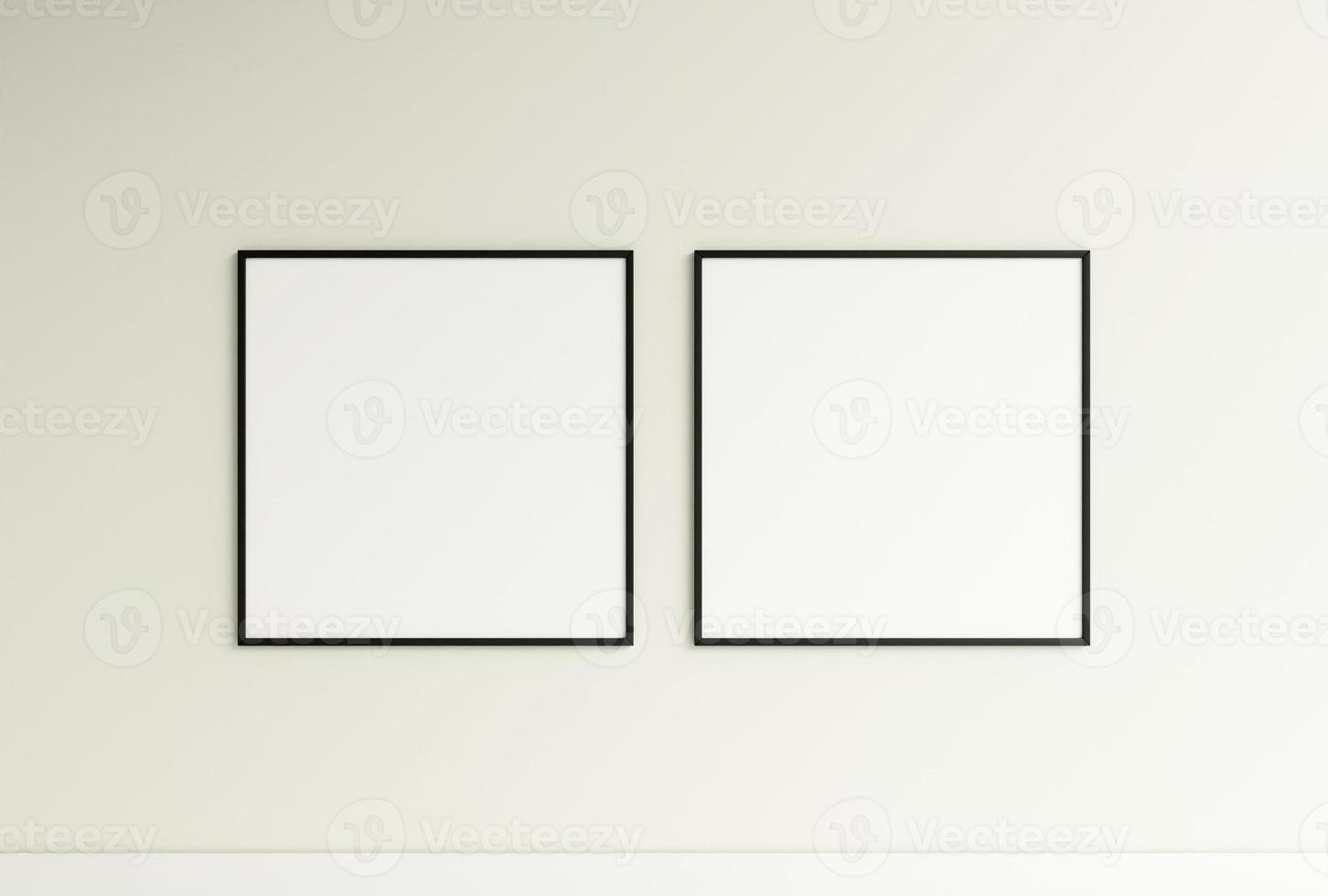 Clean and minimalist front view square black photo or poster frame mockup hanging on the wall. 3d rendering.