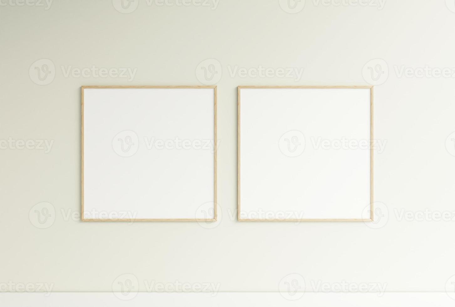 Clean and minimalist front view square wooden photo or poster frame mockup hanging on the wall. 3d rendering.