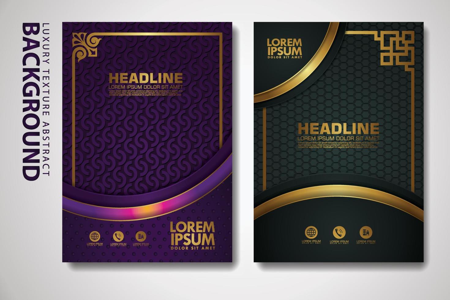 Vector set of cover design template with luxurious color, shine effect and elegance frame on textured background