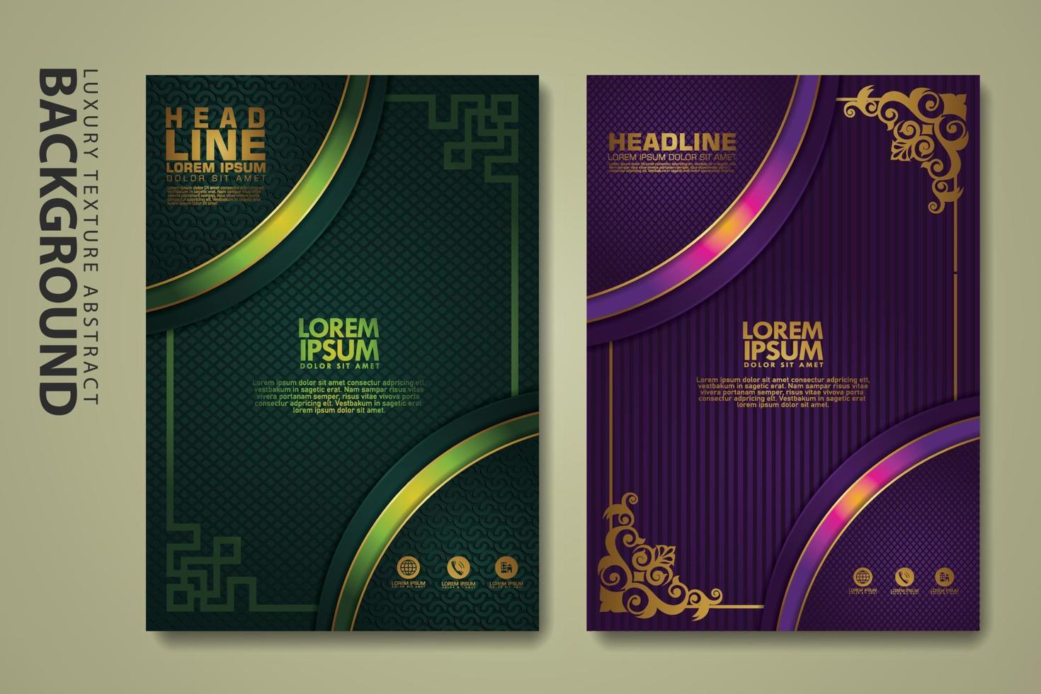 Vector set of cover design template with luxurious color, shine effect and elegance frame on textured background