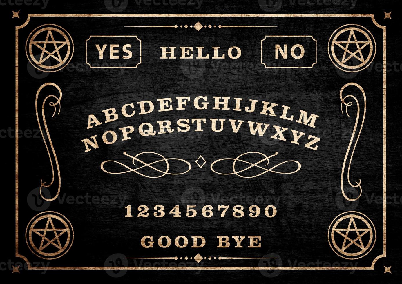 Planchette of Ouija Board on wooden texture. Poster with game of ghosts. Halloween play with calling souls and demons. Party poster. Graphic, typography, alphabet, letters, numbers. photo