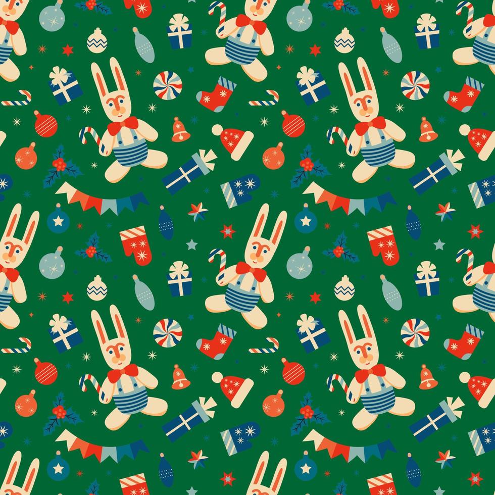 Retro vintage Christmas pattern with Rabbits and Christmas decorations