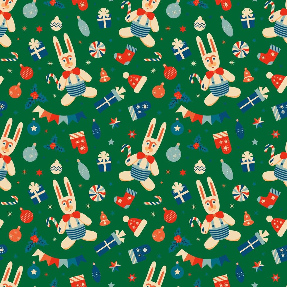 patrón de navidad retro vintage con conejos y adornos navideños vector