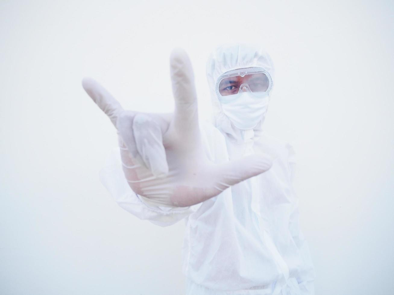 Doctor or scientist in PPE suite uniform  showing love hand sign. coronavirus or COVID-19 with looking forward isolated white background photo