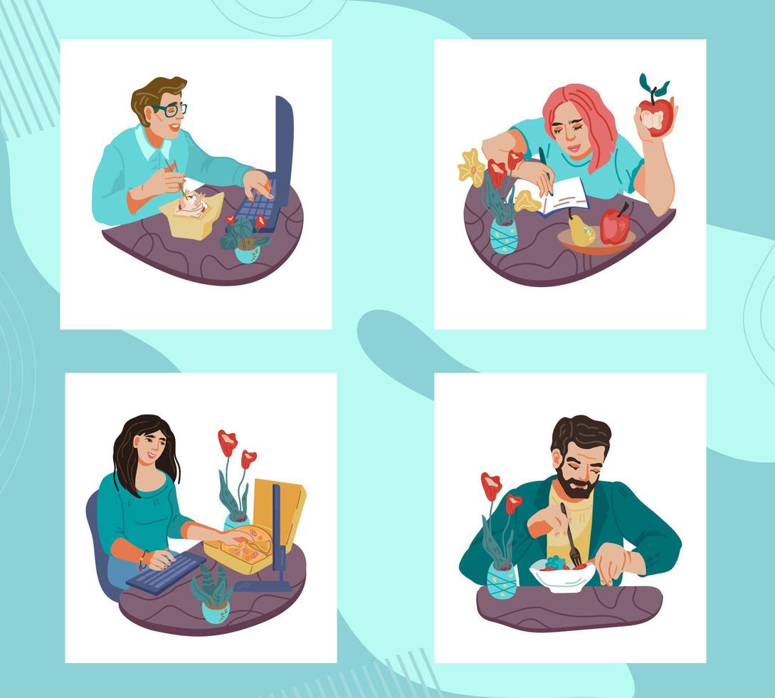 Set of people eating and working during lunch break. Dinner time in office or at home scenes. Healthy and unhealthy food and dieting, nutrition and meals concept. Flat vector illustration isolated.