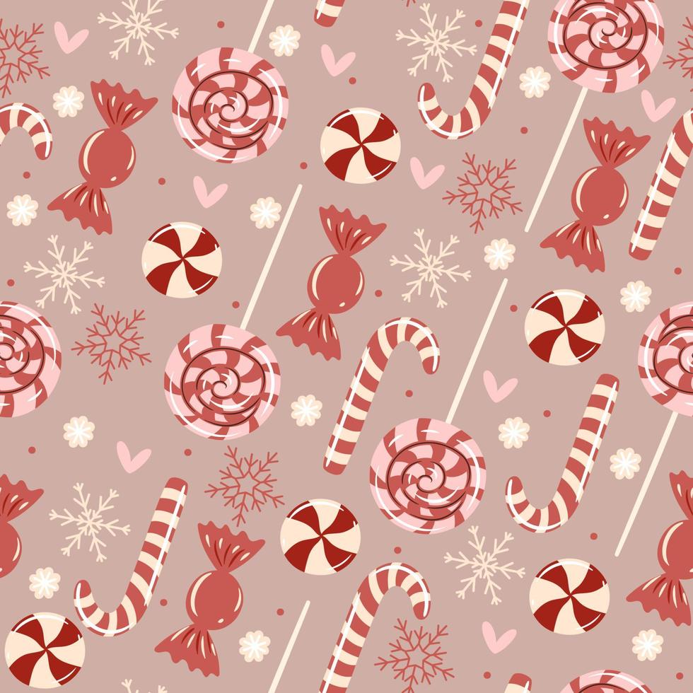 Seamless pattern with Christmas candies and snowflakes. Vector graphics.