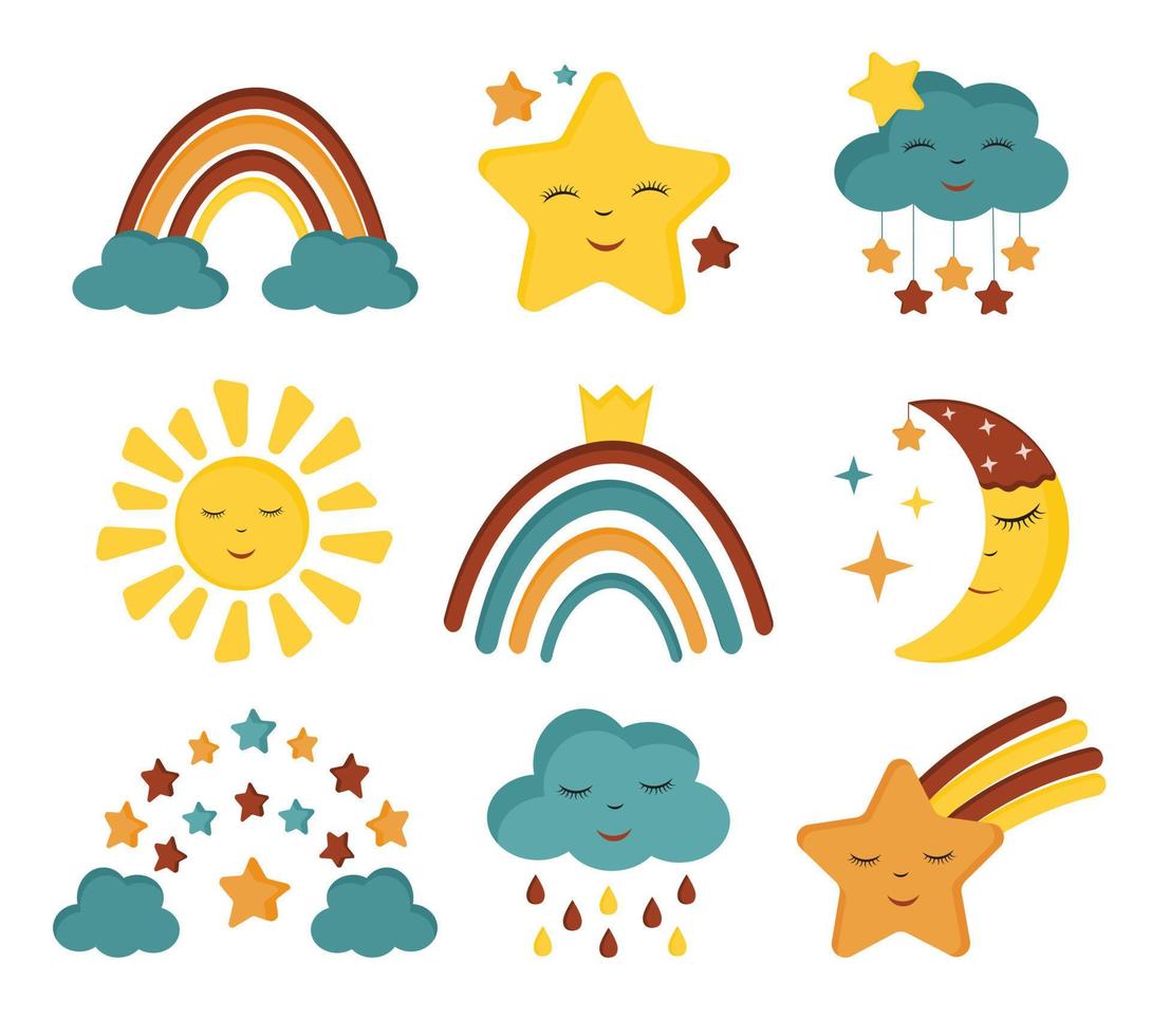 Collection of vector rainbows, moon, stars, clouds, sun in cartoon style isolated on white background for kids.. Suitable for baby shower, birthday, childrens party, summer holiday, clothing prints